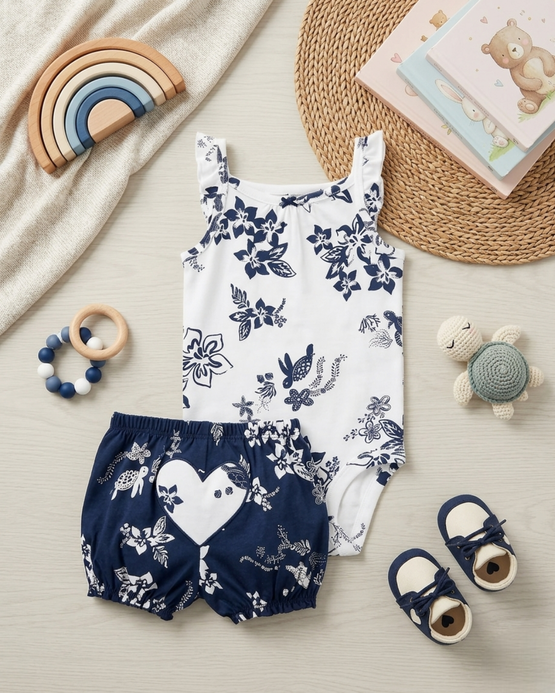 🐢 Carter’s Baby Girl 2-Piece "Floral Sea" Set – Navy & White