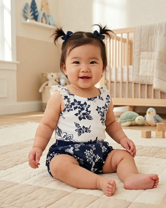 🐢 Carter’s Baby Girl 2-Piece "Floral Sea" Set – Navy & White
