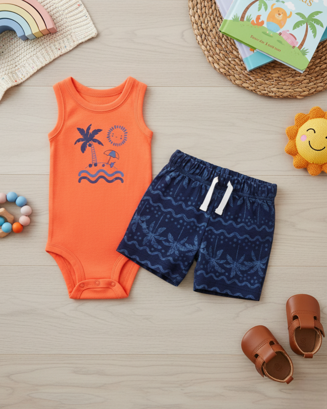 🏝️ Carter’s Baby Boy 2-Piece "Island Paradise" Set – Orange & Navy