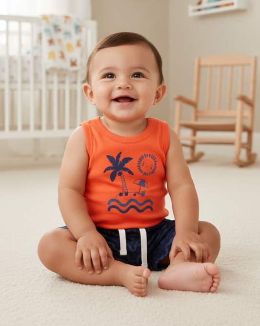 🏝️ Carter’s Baby Boy 2-Piece "Island Paradise" Set – Orange & Navy
