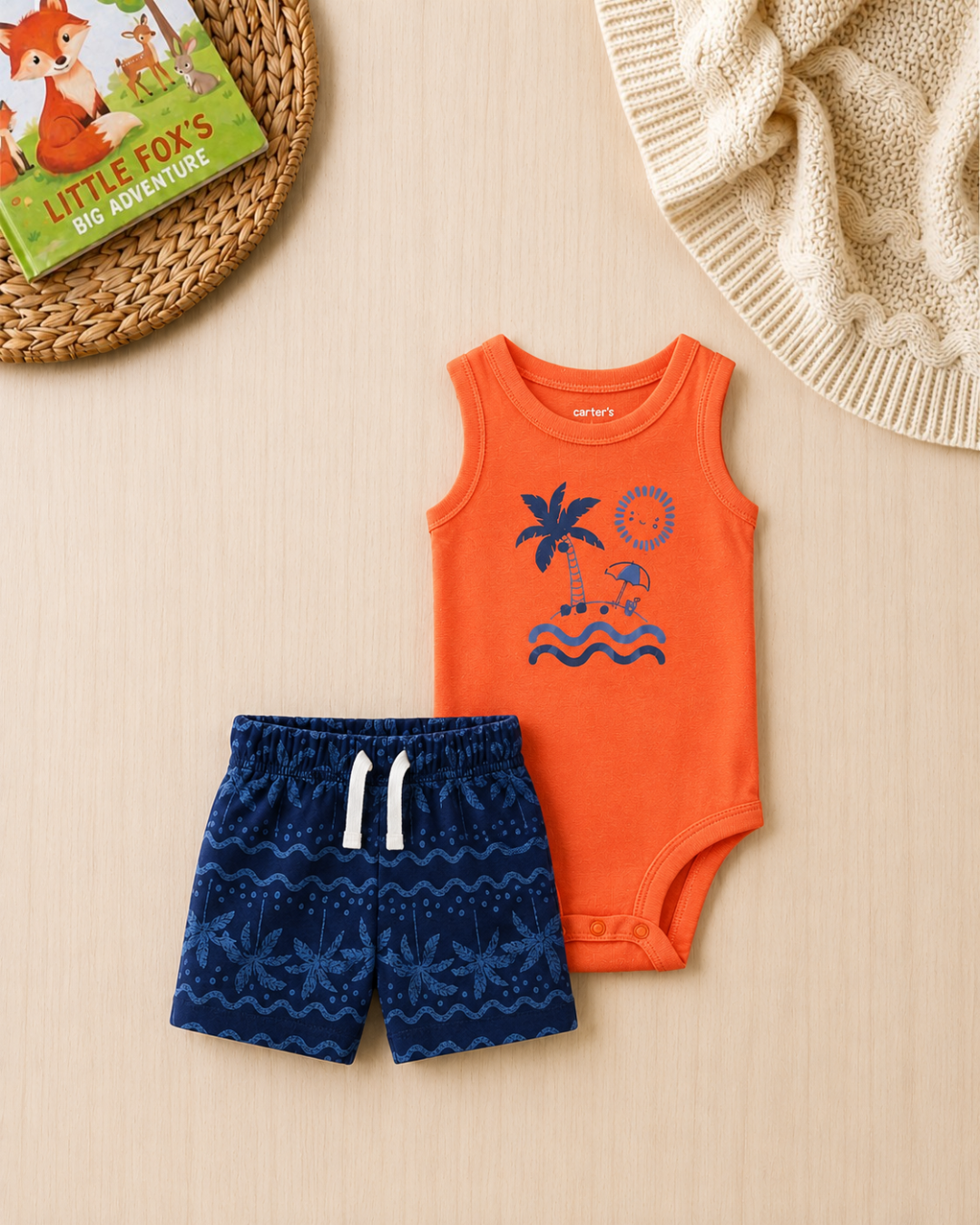🏝️Original Carter’s Baby Boy 2-Piece "Island Paradise" Set – Orange & Navy