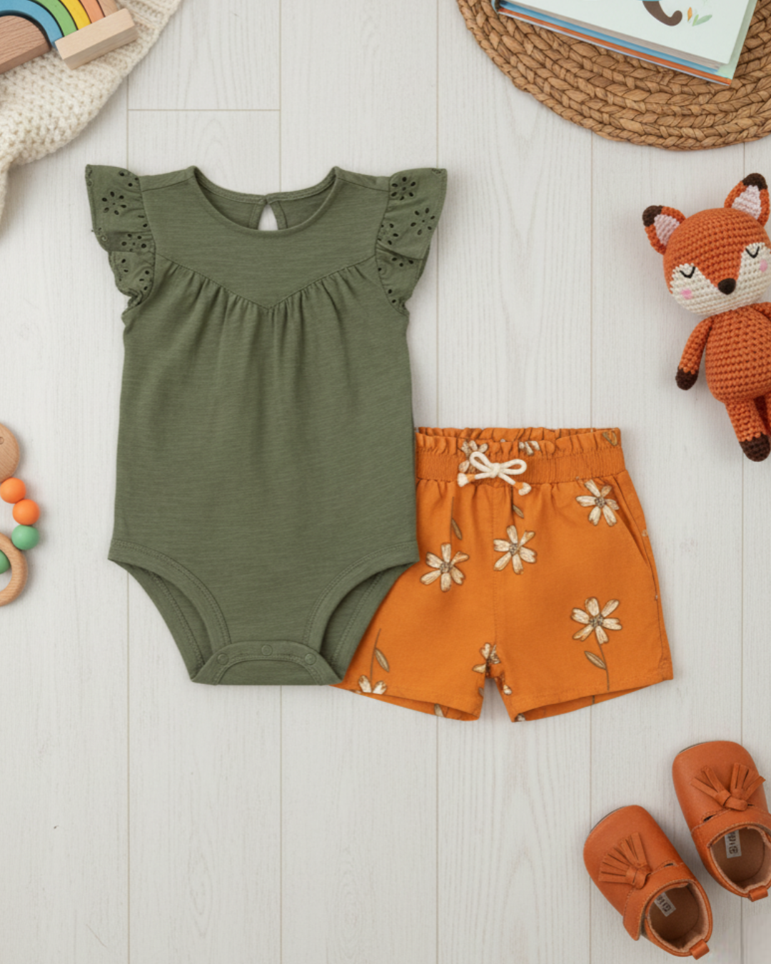 🌻 Carter’s Baby Girl 2-Piece "Golden Garden" Set – Olive & Mustard