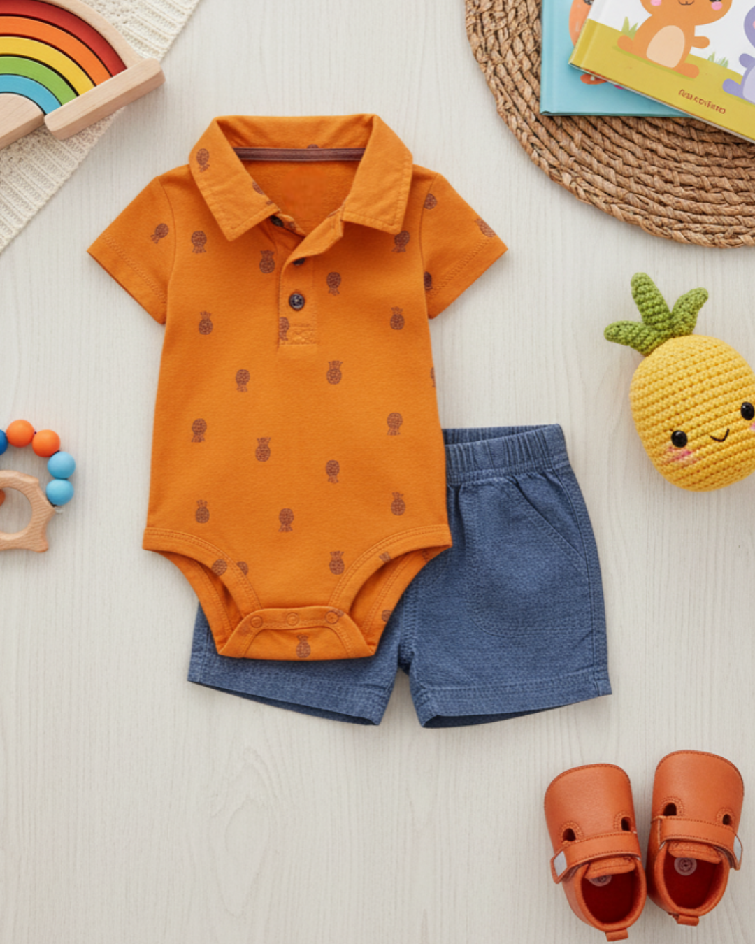 🍍 Carter’s Baby Boy 2-Piece "Pineapple Party" Polo Set – Amber & Denim