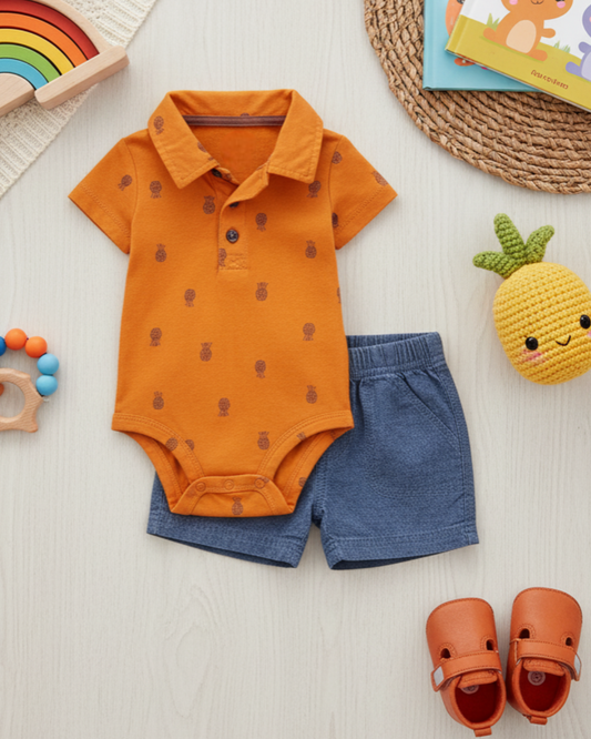 🍍 Carter’s Baby Boy 2-Piece "Pineapple Party" Polo Set – Amber & Denim