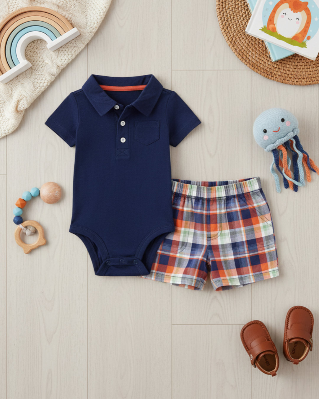 💙 Carter’s Baby Boy 2-Piece "Classic Plaid" Polo Set – Navy & Multi-Check