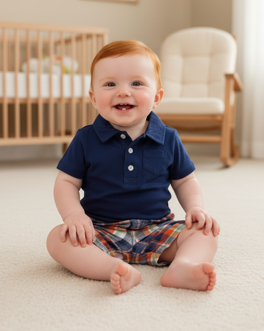 💙 Carter’s Baby Boy 2-Piece "Classic Plaid" Polo Set – Navy & Multi-Check