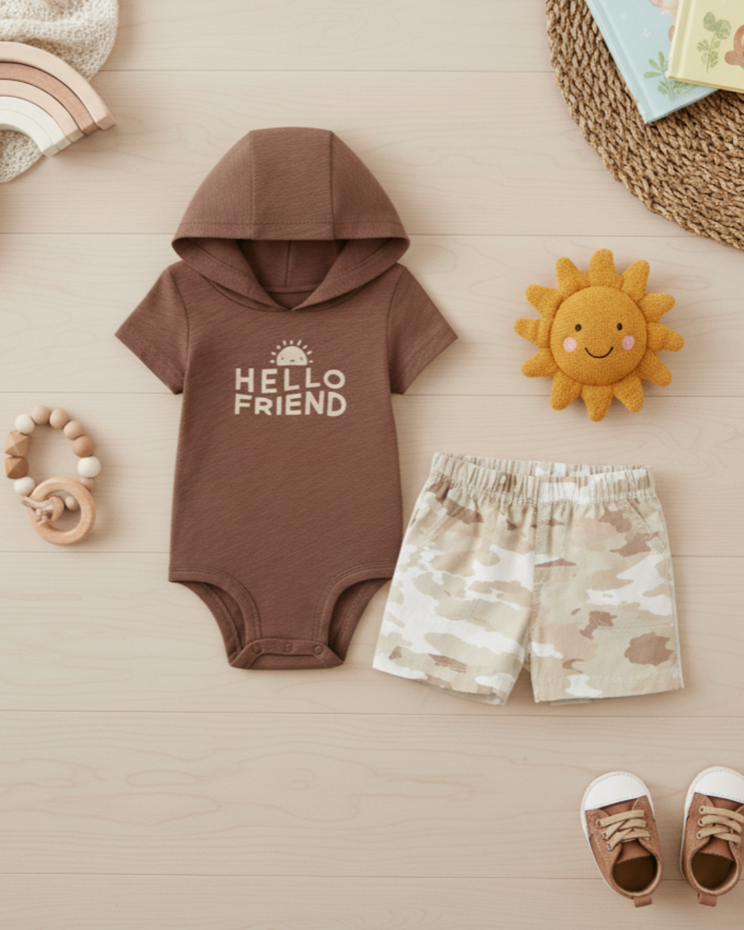 🟤 Carter’s Baby Boy 2-Piece "Hello Friend" Hooded Set – Mocha & Camo