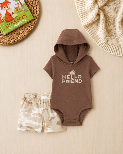 🟤Original Carter’s Baby Boy 2-Piece "Hello Friend" Hooded Set – Mocha & Camo