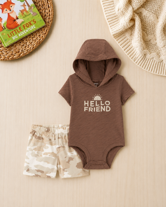 🟤Original Carter’s Baby Boy 2-Piece "Hello Friend" Hooded Set – Mocha & Camo