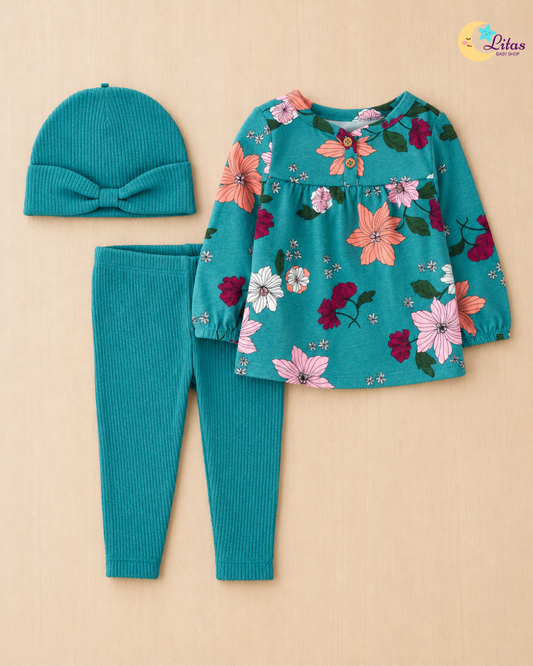🌸 Carter’s Baby Girl 3-Piece Long-Sleeve Top, Leggings & Cap Set – Teal Floral