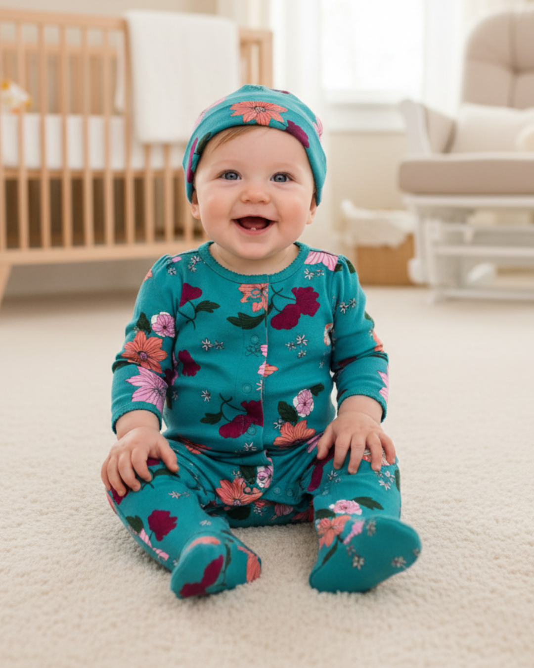 🌸 Carter’s Baby Girl Turquoise Floral Cotton Sleep & Play – Matching Hat Set