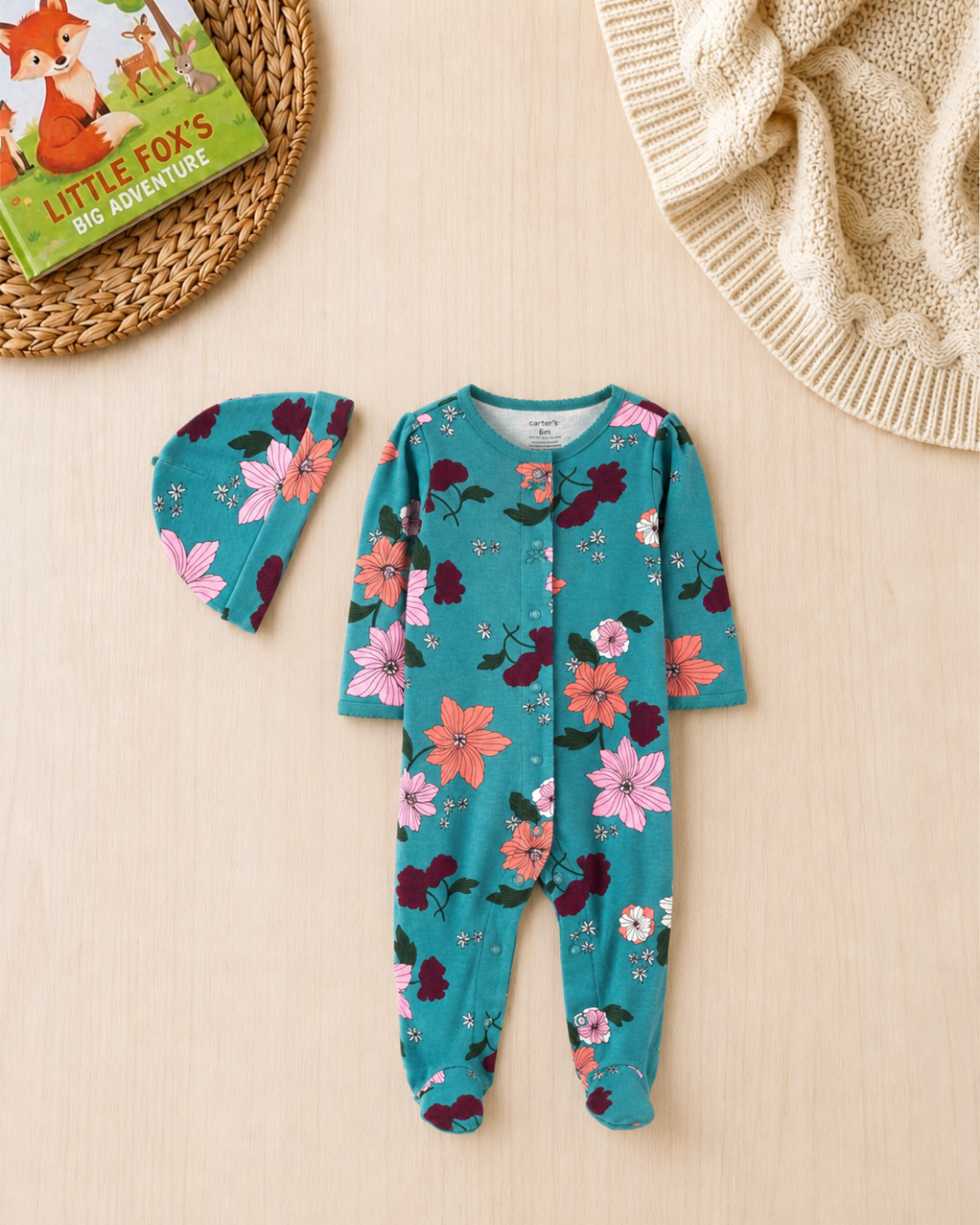 🌸 Original Carter's Baby Girl Turquoise Floral Cotton Sleep & Play – Matching Hat Set