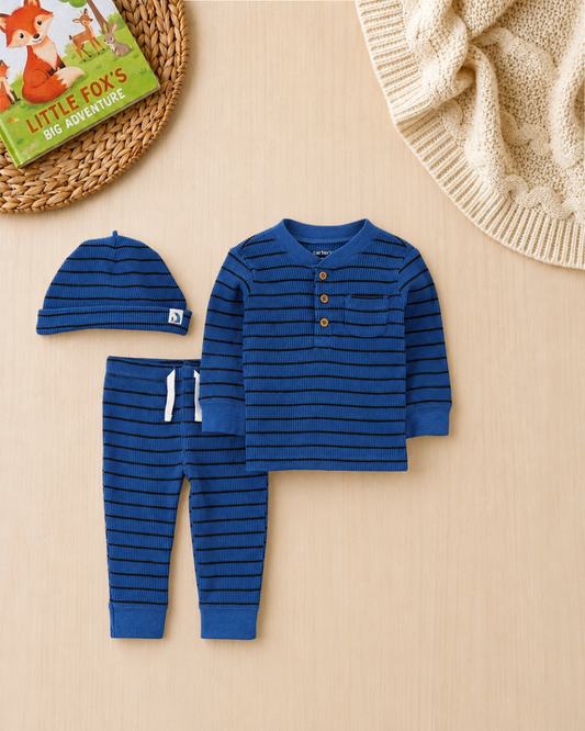 💙Original Carter’s Baby Boy 3-Piece "Midnight Stripe" Thermal Set – Royal Blue & Black