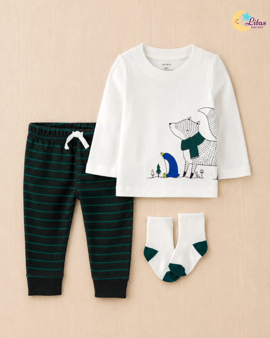 🦊 Original Carter’s 3-Piece Long-Sleeve Top, Pants & Socks Set – Green Fox & Penguin