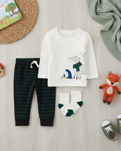🦊 Carter’s Baby Boy 3-Piece "Scarf Fox" Set – Ivory & Green Stripes