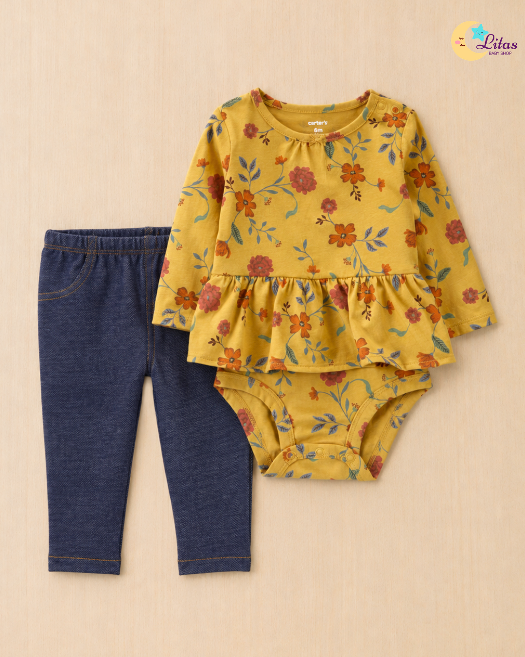 🏵️ Original Carter’s Baby Girl 2-Piece Long-Sleeve & Pant Set – Floral Peplum