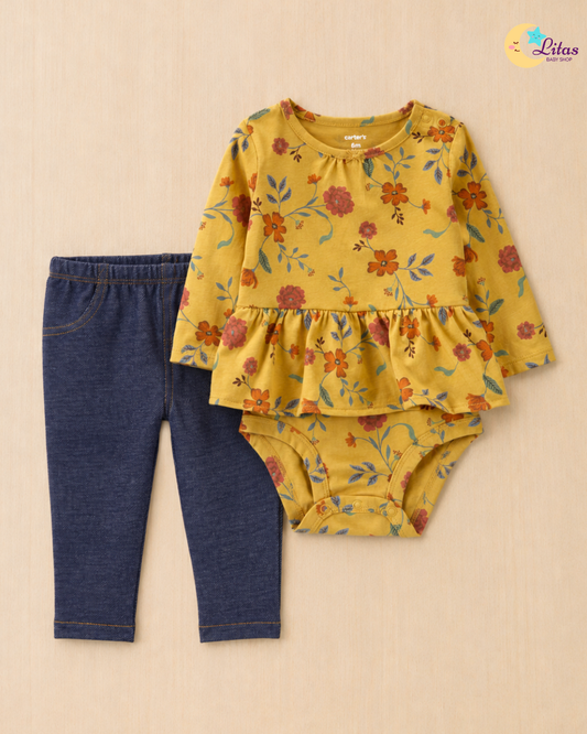 🏵️ Original Carter’s Baby Girl 2-Piece Long-Sleeve & Pant Set – Floral Peplum