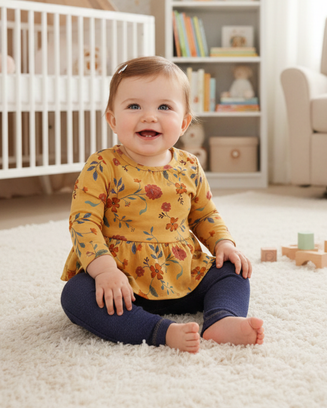 🌻 Carter’s Baby Girl 2-Piece "Golden Garden" Peplum Set – Mustard Floral & Denim