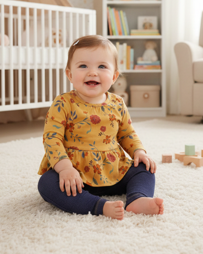 🌻 Carter’s Baby Girl 2-Piece "Golden Garden" Peplum Set – Mustard Floral & Denim