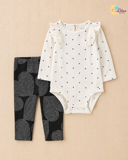 🖤 Original Carter’s Baby Girl 2-Piece Long-Sleeve Bodysuit & Pant Set – Black & Ivory Hearts
