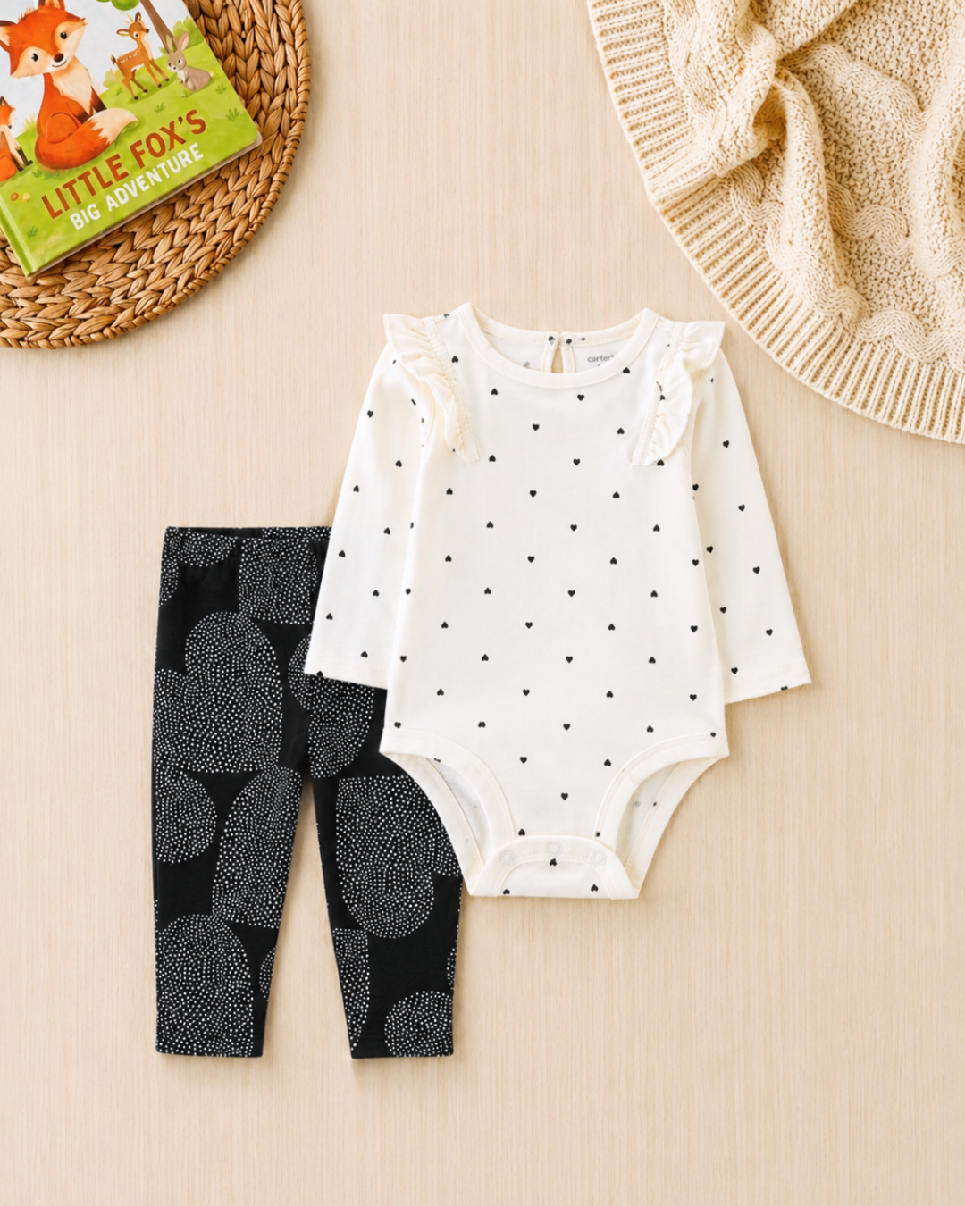 🖤 Carter’s Baby Girl 2-Piece "Monochrome Hearts" Set – Ivory & Black