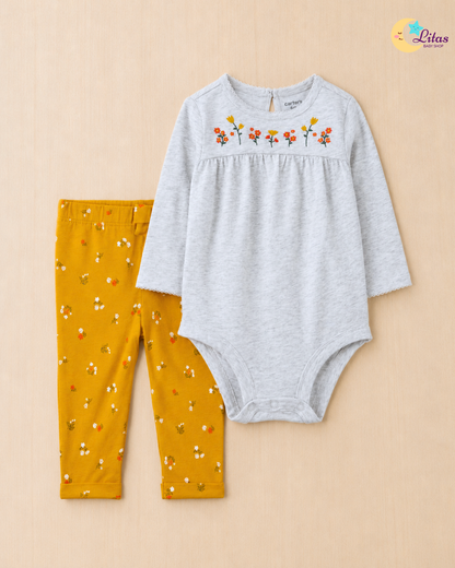 🌼 Original Carter’s Baby Girl 2-Piece Long-Sleeve & Pant Set – Floral Embroidery