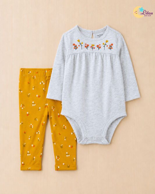 🌼 Original Carter’s Baby Girl 2-Piece Long-Sleeve & Pant Set – Floral Embroidery
