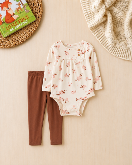 🌸Original Carter’s Baby Girl 2-Piece Floral Bodysuit & Leggings Set – Cream, Pink & Rust