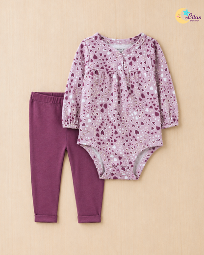 💜 Original Carter’s Baby Girl 2-Piece Long-Sleeve & Pant Set – Heart Print