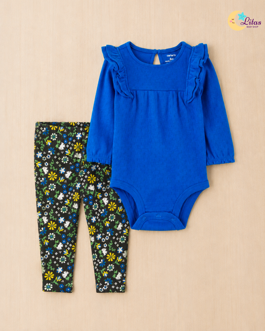 💙Original Carter’s Baby Girl 2-Piece Long-Sleeve & Pant Set – Cobalt Blue Pointelle Floral