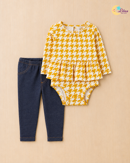 ✨ Original Carter’s Baby Girl 2-Piece Long-Sleeve & Pant Set – Mustard Houndstooth