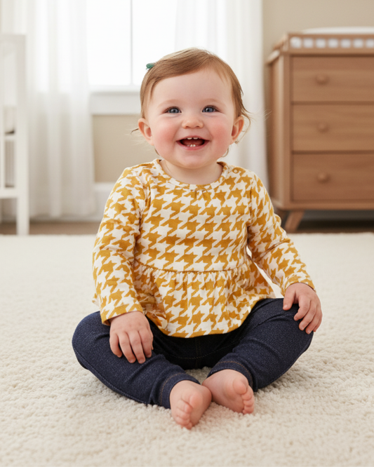 🍂 Carter’s Baby Girl 2-Piece "Golden Houndstooth" Peplum Set – Mustard & Denim