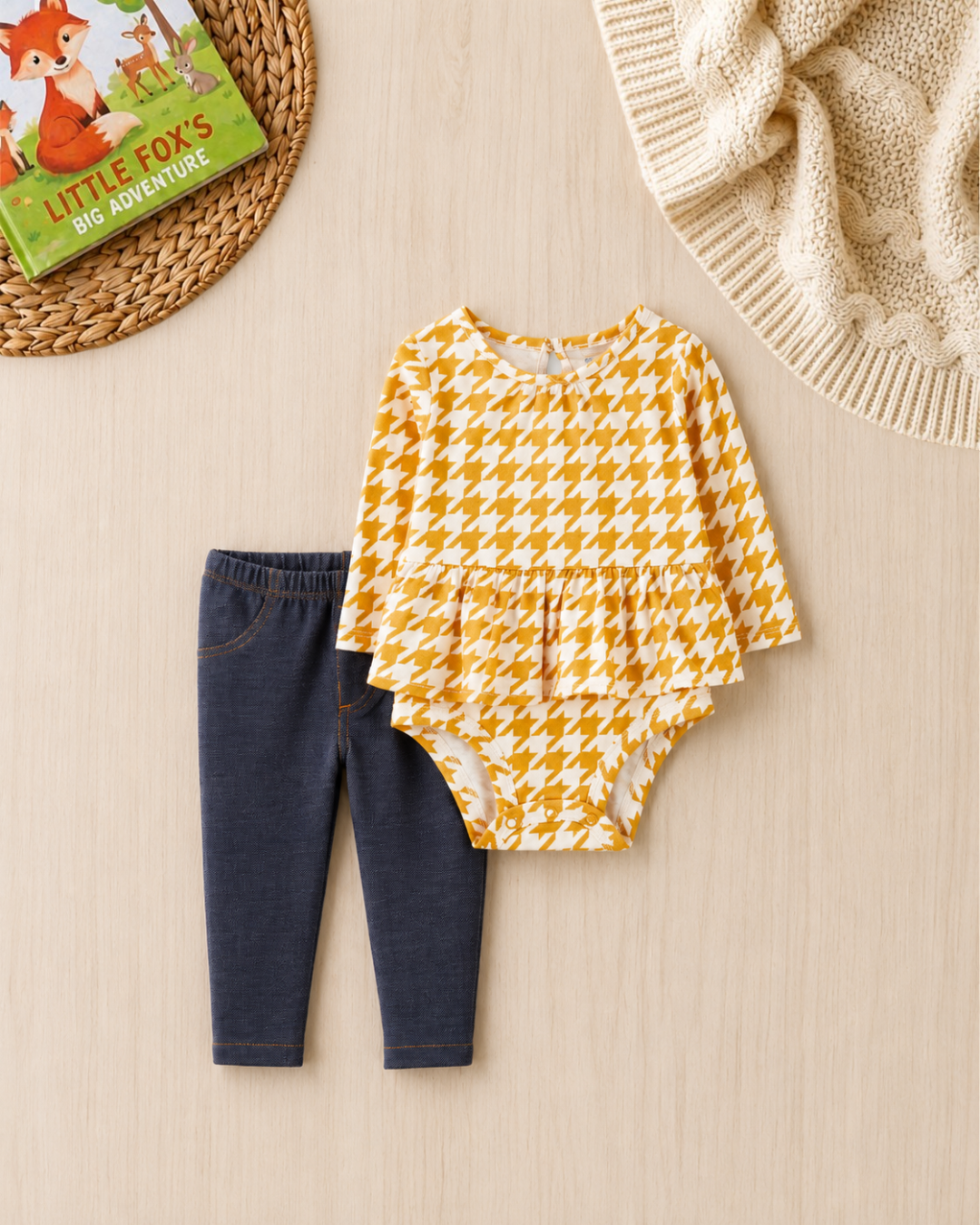 🍂Original Carter’s Baby Girl 2-Piece "Golden Houndstooth" Peplum Set – Mustard & Denim