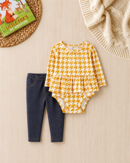 🍂Original Carter’s Baby Girl 2-Piece "Golden Houndstooth" Peplum Set – Mustard & Denim