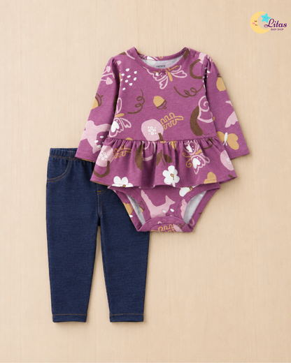 🍂 Original Carter’s Baby Girl 2-Piece Long-Sleeve & Pant Set – Plum Nature Print