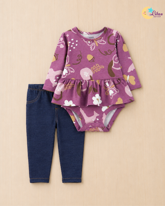🍂 Original Carter’s Baby Girl 2-Piece Long-Sleeve & Pant Set – Plum Nature Print