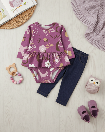 🦋 Carter’s Baby Girl 2-Piece "Autumn Butterfly" Peplum Set – Plum & Denim