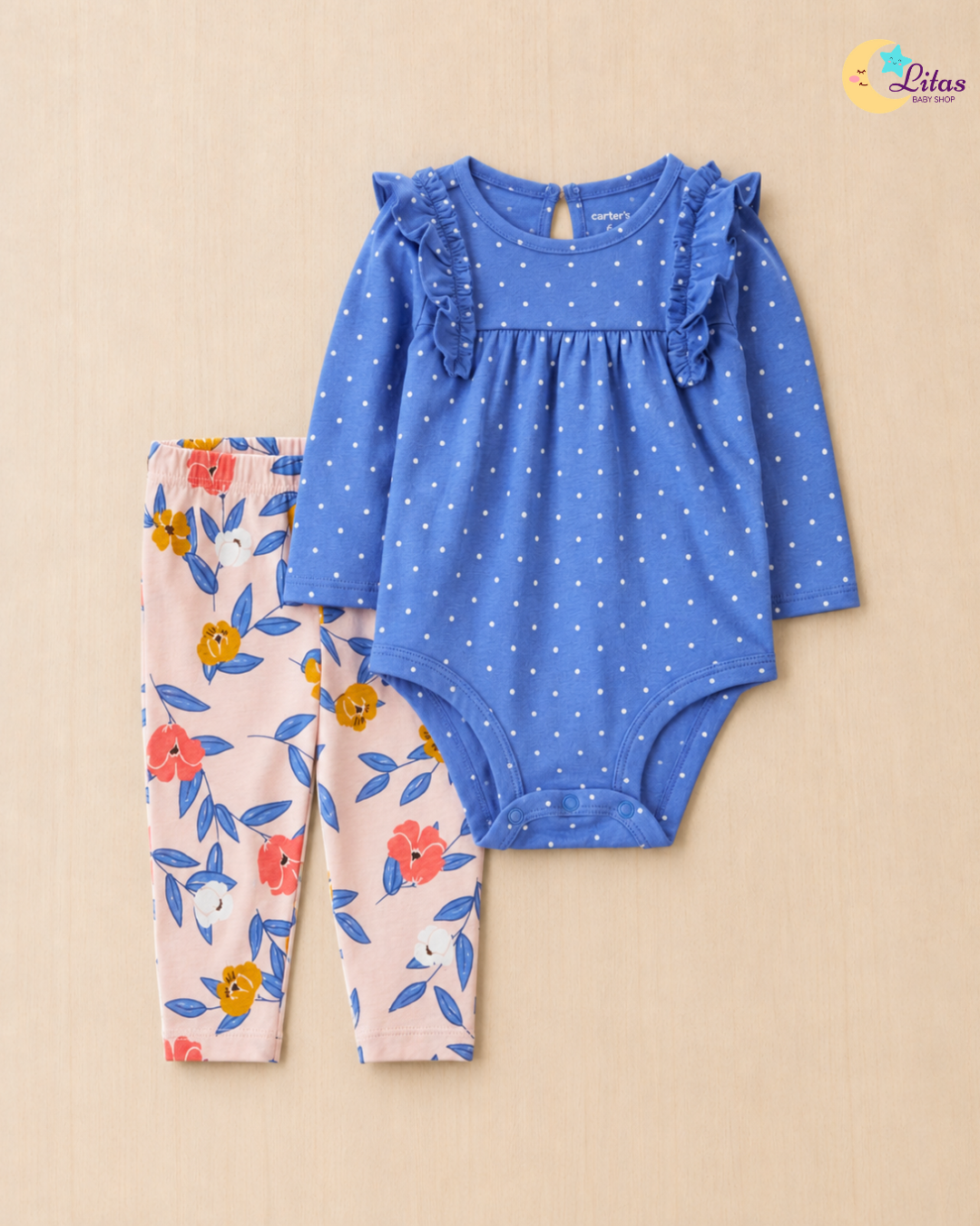 🌸 Original Carter’s Baby Girl 2-Piece Long-Sleeve & Pant Set – Periwinkle Polka Dot Floral