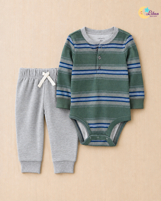 🌲Original Carter’s Baby Boy 2-Piece Long-Sleeve Bodysuit & Pant Set – Striped Henley