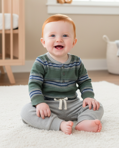 🌲 Carter’s Baby Boy 2-Piece "Sage Stripe" Henley Set – Green & Grey