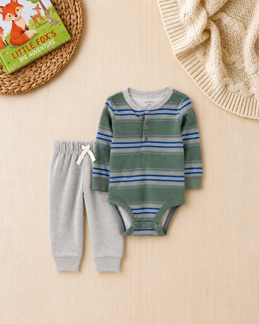 🌲Original Carter’s Baby Boy 2-Piece "Sage Stripe" Henley Set – Green & Grey