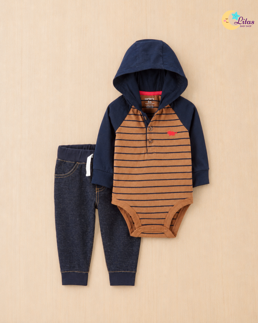 🦖 Original Carter’s Baby Boy 2-Piece Long-Sleeve Bodysuit & Pant Set – Hooded Henley Dino
