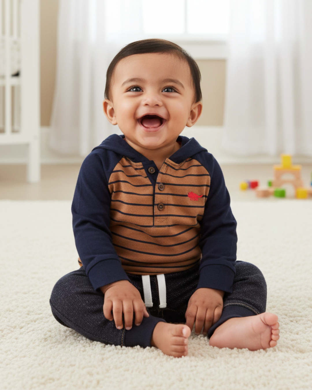 🦖 Carter’s Baby Boy 2-Piece "Little Dino" Hooded Henley Set – Brown & Navy