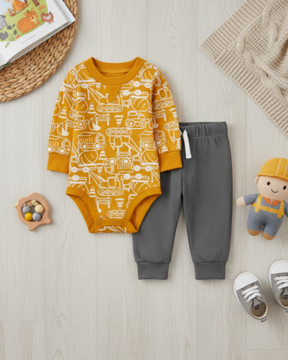 🚧 Carter’s Baby Boy 2-Piece "Little Builder" Set – Mustard & Charcoal