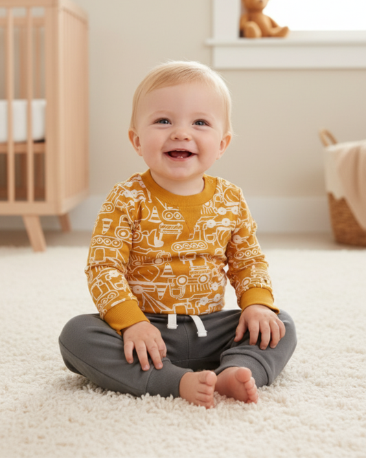 🚧 Carter’s Baby Boy 2-Piece "Little Builder" Set – Mustard & Charcoal