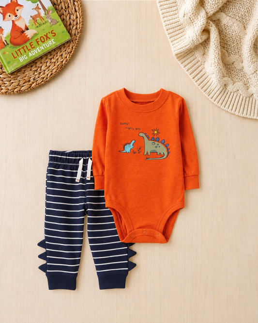 🦖Original Carter’s Baby Boy 2-Piece "Daddy’s Mighty Guy" Set – Burnt Orange & Navy
