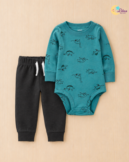 🦖 Original Carter’s Baby Boy 2-Piece Long-Sleeve Bodysuit & Pant Set – Dinosaur Print