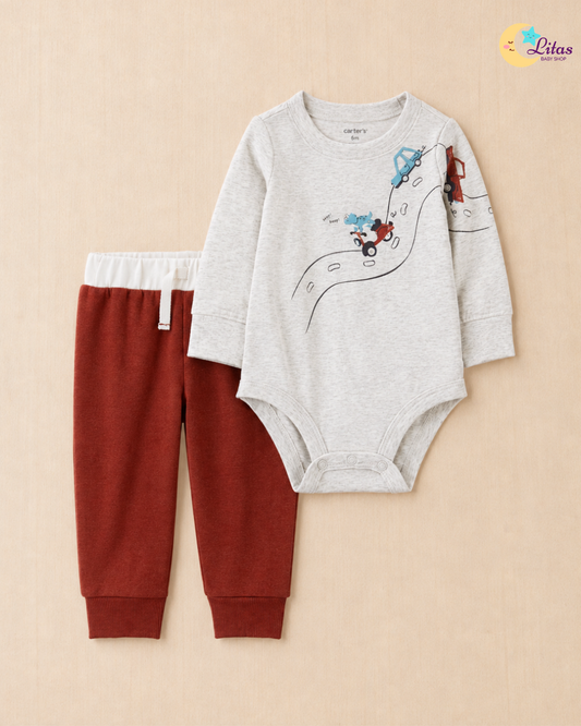 🦖 Original Carter’s Baby Boy 2-Piece Long-Sleeve Bodysuit & Pant Set – Beep Beep Dinosaur