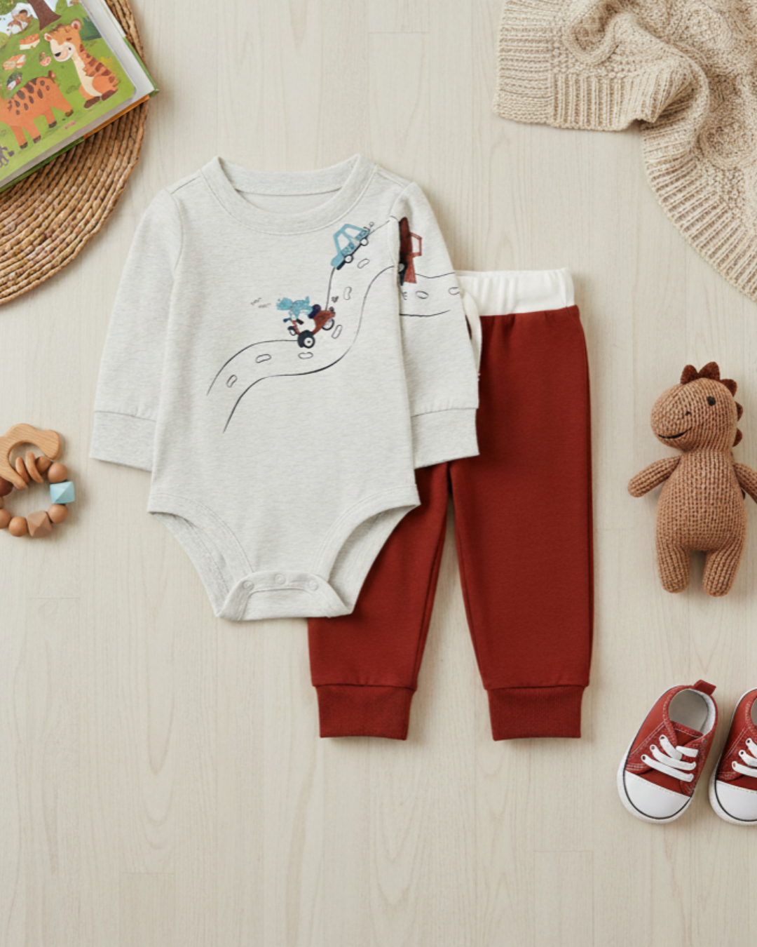 🚗 Carter’s Baby Boy 2-Piece "Dino Road Trip" Set – Heather Grey & Deep Rust