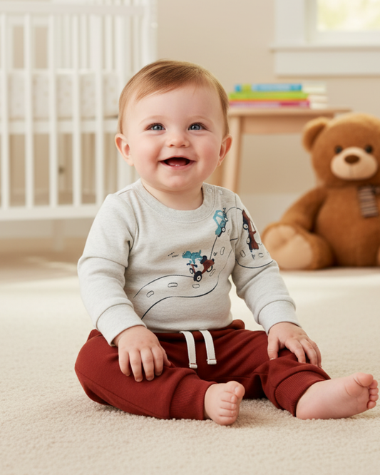 🚗 Carter’s Baby Boy 2-Piece "Dino Road Trip" Set – Heather Grey & Deep Rust